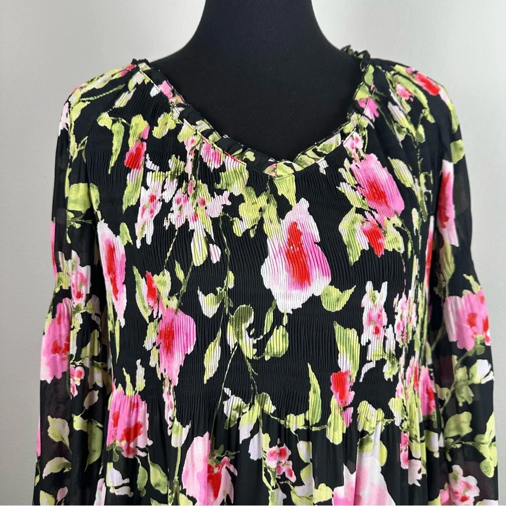 Floral & Ivy Floral Top Sz Large Sheer Pleated Stretch Flare Sleeve Peasant Boho - Picture 2 of 14